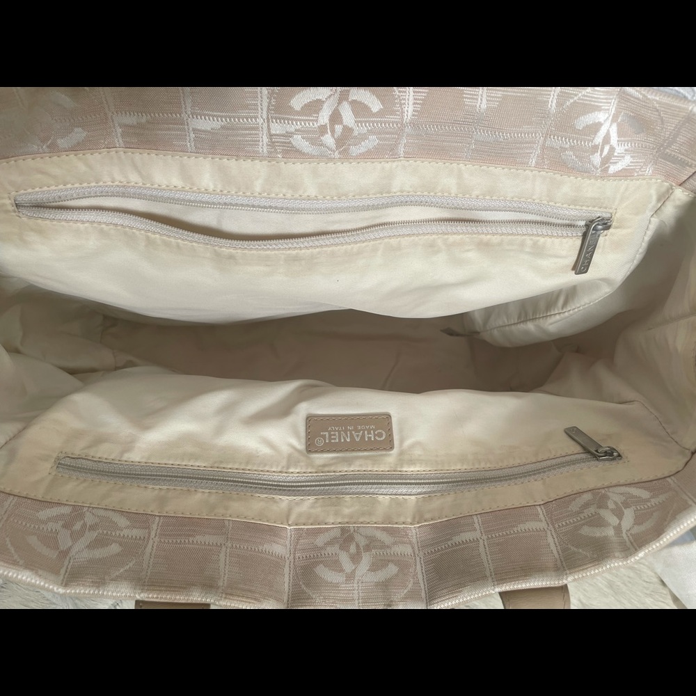 Chanel 💕Travel Tote Fabric Leather Strap Pink Tan Quilted Appearance CC Logo - Picture 4 of 14